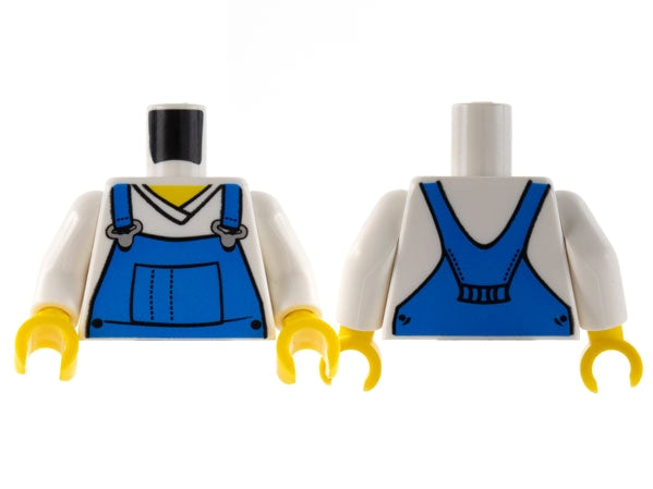 LEGO torso with white arms, yellow hands, and blue overalls over a yellow V-neck shirt. Printed back pattern.