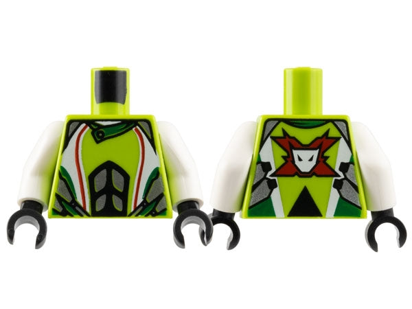 LEGO World Racers torso, lime green, white arms, black hands. Front: white/silver jacket pattern. Back: Team Extreme logo.