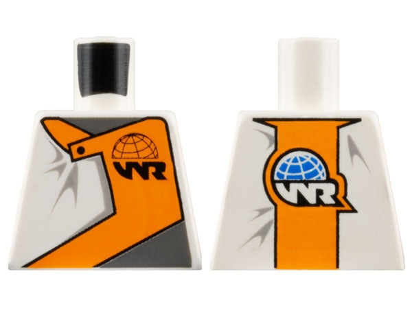 LEGO 973pb0685 World Racers torso. White with orange inset and WR logo. Front has black globe, back has blue globe.