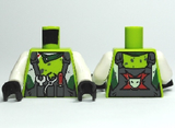 Front & back of LEGO World Racers torso 973pb0702c01. Dark bluish gray overalls, tools, white arms, black hands, lime green detail.
