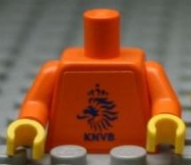 Orange LEGO minifigure torso with orange arms and yellow hands, featuring a dark blue KNVB lion logo with a crown on the front.
