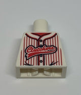 LEGO 973pb0788 torso, white baseball jersey with vertical red stripes, buttons, and a red 'Clutchers' logo.