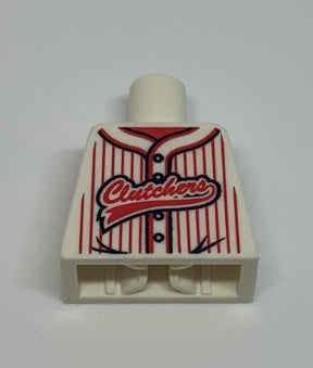 LEGO 973pb0788 torso, white baseball jersey with vertical red stripes, buttons, and a red 'Clutchers' logo.