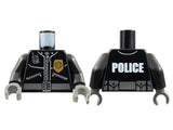 LEGO black police torso with leather jacket design, gold badge, radio on front; 'POLICE' text and pouches on back; dark bluish gray hands.