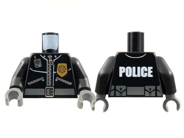 LEGO black police torso with leather jacket design, gold badge, radio on front; 'POLICE' text and pouches on back; dark bluish gray hands.