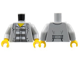 LEGO torso, light bluish gray jacket over striped prison shirt with '349' and buttons, yellow collar, gray arms, yellow hands.