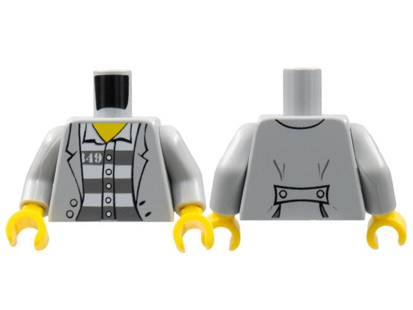 LEGO torso, light bluish gray jacket over striped prison shirt with '349' and buttons, yellow collar, gray arms, yellow hands.