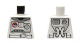 Front and back views of a white LEGO torso with City Spacesuit design, space logo, equipment pattern on front, and tubes pattern on back.