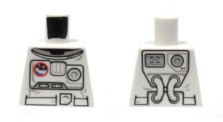 Front and back views of a white LEGO torso with City Spacesuit design, space logo, equipment pattern on front, and tubes pattern on back.