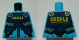 Bright blue LEGO torso, front and back views, with a dark blue ADU soldier protection vest pattern. Yellow 'ADU' text and grey/black details.