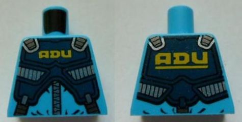 Bright blue LEGO torso, front and back views, with a dark blue ADU soldier protection vest pattern. Yellow 'ADU' text and grey/black details.