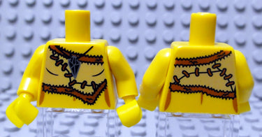Front and back of two yellow LEGO torsos with arms and hands. Features an animal skin top pattern with black stitching and silver amulet.