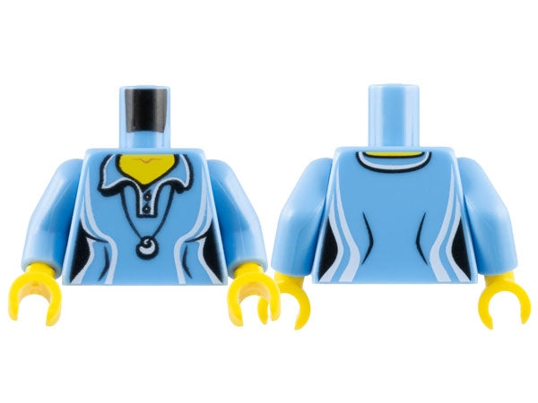 Light blue LEGO female torso, front and back, with yellow undershirt, black collar, two buttons, shell pendant, and yellow hands.
