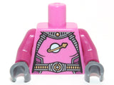 LEGO minifigure torso 973pb1053c01: pink female spacesuit with classic space logo, belts, magenta arms, dark bluish gray hands.