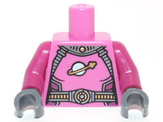 LEGO minifigure torso 973pb1053c01: pink female spacesuit with classic space logo, belts, magenta arms, dark bluish gray hands.