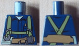 LEGO blue torso with light green harness, tool belt, and wrench on front, with V-shaped harness and tan pack on back.