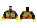 LEGO torso front/back, black arms, yellow hands. Orange vest with light green stripes. Front: pockets, radio strap. Back: fire badge.