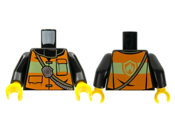 LEGO torso front/back, black arms, yellow hands. Orange vest with light green stripes. Front: pockets, radio strap. Back: fire badge.