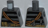 LEGO dark gray torso with black stripes, utility belt, diagonal rope, and keys with a scroll pattern on back.