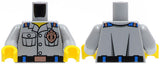 Front and back view of a LEGO light gray Coast Guard torso with shirt, pockets, copper badge, belt, and yellow hands.