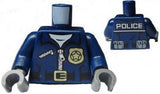 LEGO 973pb1547c01 dark blue police jacket torso with white undershirt, zipper, gold star badge & buckle, 'POLICE' back, gray hands.