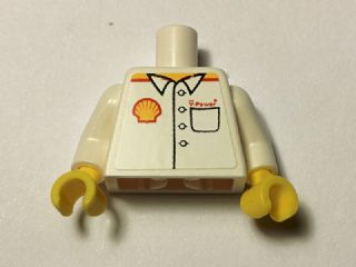 LEGO minifigure torso, white shirt with Shell logo, 'V-Power' text over pocket, light nougat arms, yellow hands.