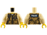 LEGO 973pb1886c01 police torso with dark vest, pockets, silver radio, badge, zipper, and 'POLICE' on back, yellow hands.