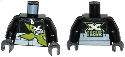 LEGO torso, black racing jacket with zipper, lime, silver, white 'XTREME' pattern. Black arms, dark bluish gray hands.