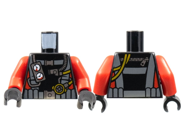 LEGO minifigure torso with red arms and dark gray hands, featuring a black diving suit print with gauges on front and hoses/zipper on back.