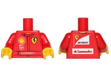 Red LEGO minifigure torso, racing suit pattern. Front: Ferrari, Shell, UPS, Kaspersky logos. Back: Scuderia Ferrari, Santander logos. Yellow hands.