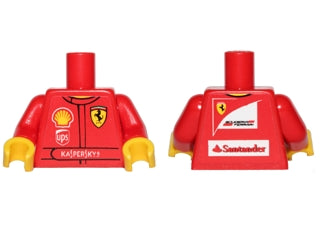 Red LEGO minifigure torso, racing suit pattern. Front: Ferrari, Shell, UPS, Kaspersky logos. Back: Scuderia Ferrari, Santander logos. Yellow hands.