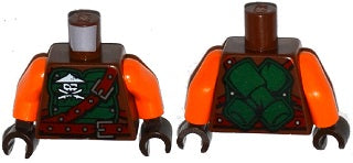 LEGO Ninjago brown torso, green armor with skull, crossed swords, and belts. Features orange arms, dark brown hands, and green scabbards on back.