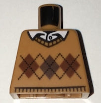 LEGO 973pb2342 torso: brown argyle sweater with dark/reddish brown diamonds & black stitching, over white shirt collar.