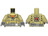 LEGO 973pb2453c01 minifigure torso with tan volcano explorer jumpsuit, yellow harness, gray belt, and volcano logo on back.