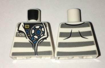 Two LEGO prisoner torsos with dark bluish gray stripes. The left features an open collar, mechanical details, and number 706.