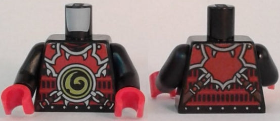 LEGO 973pb2498c01 black torso with red Ninjago armor print, lime swirl medallion front, belts on back, black arms, red hands.