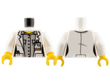 LEGO female minifigure torso, white lab coat, ID badge, gray shirt, yellow neck/arms/hands. Front and back views.