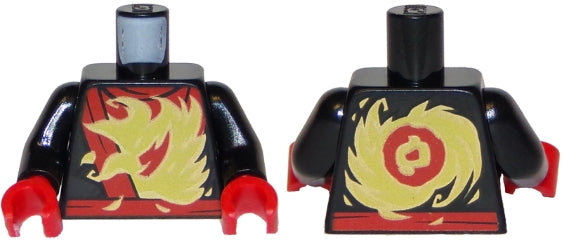 LEGO black torso with red belt/sash, golden phoenix on front, golden fire burst and red symbol on back, black arms, red hands.