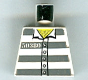 LEGO minifigure torso, prison uniform shirt with '50380' text, 5 buttons, dark bluish gray stripes, and yellow hairy chest.