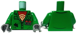 LEGO green torso: coveralls with pockets, red target undershirt, 'DIAZ' ID badge, black splotch. Green arms, dark bluish-gray hands.