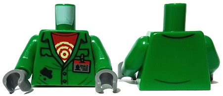 LEGO green torso: coveralls with pockets, red target undershirt, 'DIAZ' ID badge, black splotch. Green arms, dark bluish-gray hands.