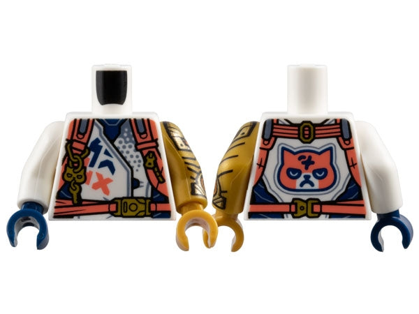 LEGO torso: racing jacket, dark blue/coral straps, gold buckles, zipper, key. Grumpy cat on back. Gold armored left arm, blue right hand.