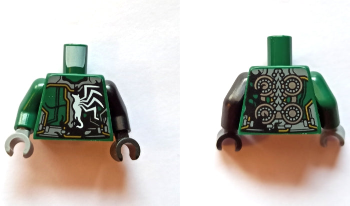 LEGO 973pb5544c01 torso: Green with black arms, white Venom spider print, silver circles on back, black and dark bluish gray panels, gold accents.