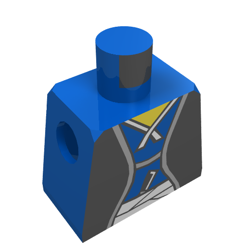 Blue LEGO torso with dark grey, blue, and white Castle Ninja Samurai Robe pattern, featuring a yellow sash and a dagger.