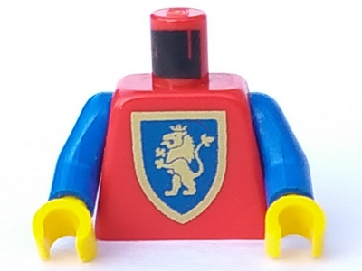 Red LEGO minifigure torso with blue arms, yellow hands, and a gold lion shield pattern on a blue background.
