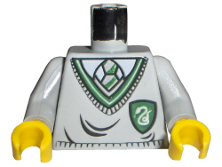 Light grey LEGO torso (973px147c01) with Harry Potter Slytherin uniform pattern, green V-neck sweater, shield, grey arms, yellow hands.