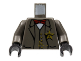 LEGO torso with dark stone grey body, arms, and black hands. Features a western sheriff star badge, vest, red bow tie, and watch fob pattern.