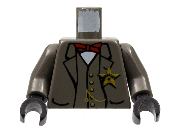 LEGO torso with dark stone grey body, arms, and black hands. Features a western sheriff star badge, vest, red bow tie, and watch fob pattern.