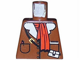 Brown LEGO torso with white fur collar, red scarf, buttons, pockets, black strap, yellow buckle, pouch, pen, and notepad pattern.