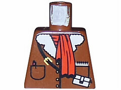 Brown LEGO torso with white fur collar, red scarf, buttons, pockets, black strap, yellow buckle, pouch, pen, and notepad pattern.
